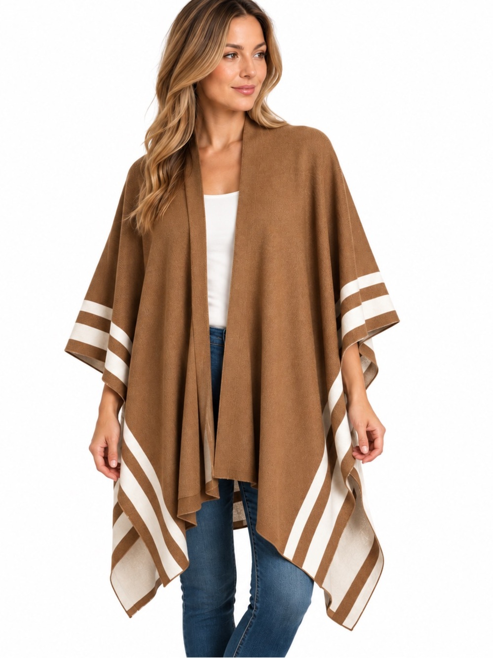 Ralph Lauren Camel Striped Open Poncho Wrap